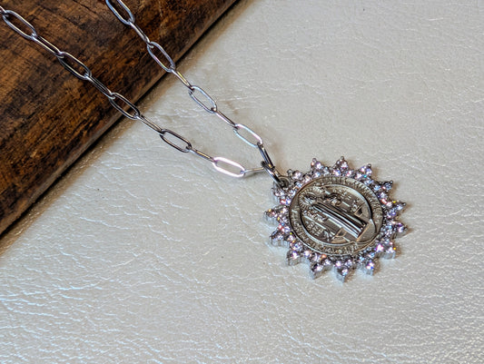 St. Benedict Medal w/CZ Paperclip Chain Necklace