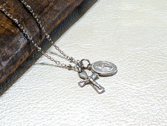 Mini Crucifix Miraculous Medal Satellite Chain Necklace