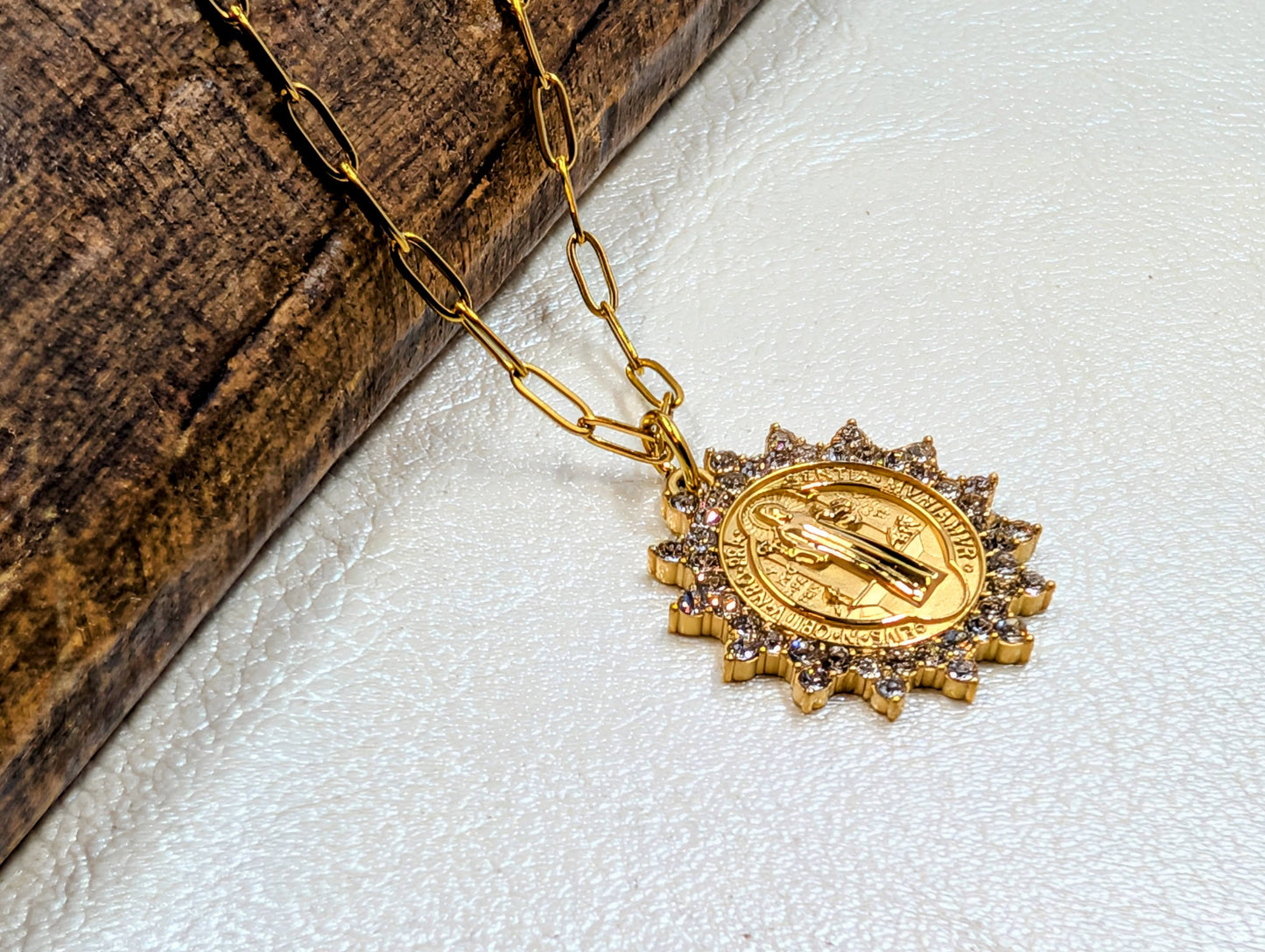 St. Benedict Medal w/CZ Paperclip Chain Necklace