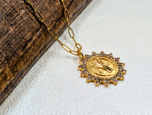 St. Benedict Medal w/CZ Paperclip Chain Necklace
