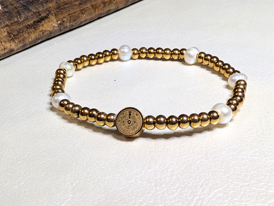 St. Benedict Pearl and Gold Stretch Stack Bracelet