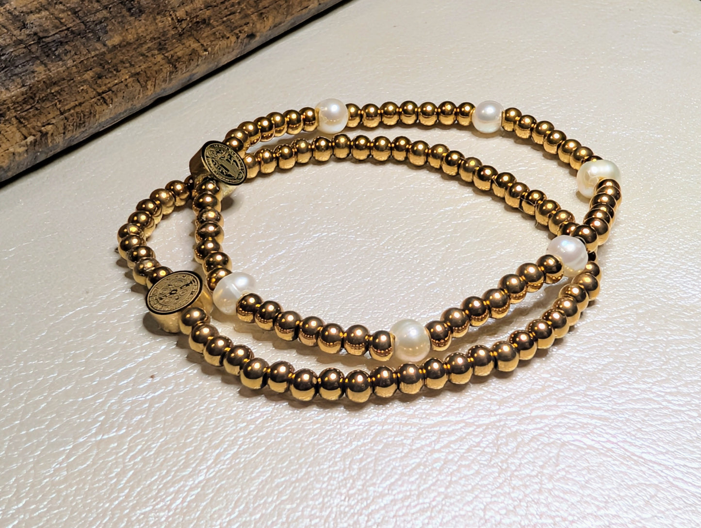 St. Benedict Pearl and Gold Stretch Stack Bracelet
